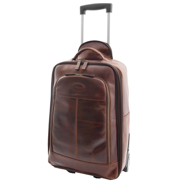 House Of Leather Real Leather Cabin Suitcase Wheeled Trolley Newton Brown