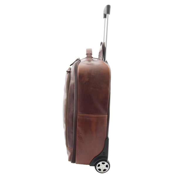 House Of Leather Real Leather Cabin Suitcase Wheeled Trolley Newton Brown