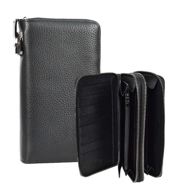 house of leather Real Leather Clutch Purse With Lock Multi Slots Coins Cards Notes Travel Wallet Pavia Black