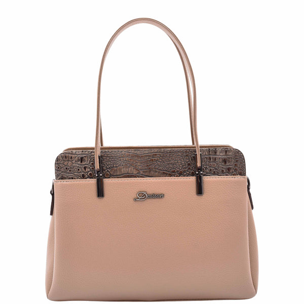 House Of Leather Real Leather Elegant Tote Zip Medium Shoulder Bag Edna Taupe