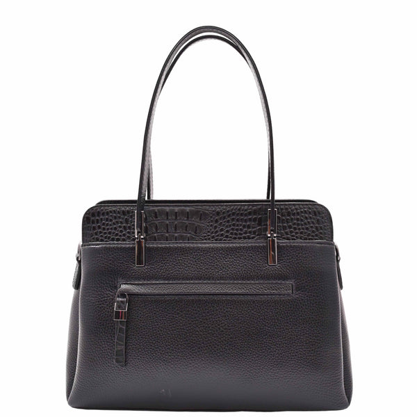 House Of Leather Real Leather Elegant Tote Zip Medium Shoulder Bag Edna Black