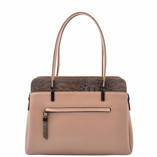 House Of Leather Real Leather Elegant Tote Zip Medium Shoulder Bag Edna Taupe