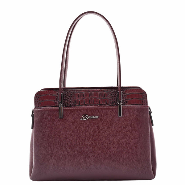 House Of Leather Real Leather Elegant Tote Zip Medium Shoulder Bag Edna Burgundy