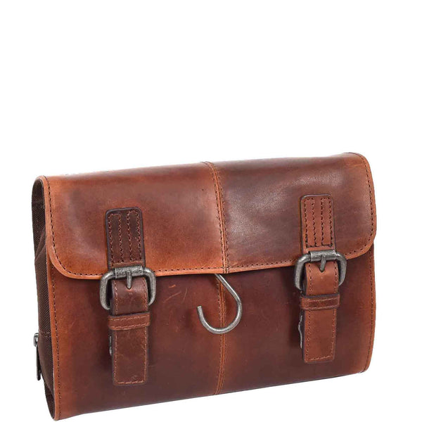 house of leather Real Leather Hanging Toiletry Wash Bag Mens Cruise Tan