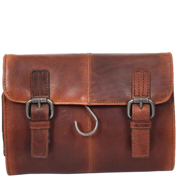 House Of Leather Real Leather Hanging Toiletry Wash Bag Mens Cruise Tan