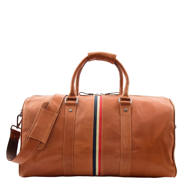 house of leather Real Leather Holdall Overnight Barrel Bag Springfield Cognac