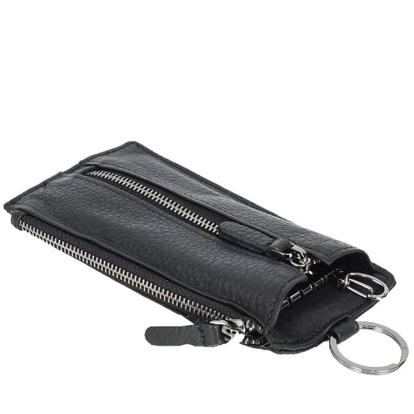 House Of Leather Real Leather Key Case Wallet Large Size Car Key Holder Organiser Pouch Trois Black