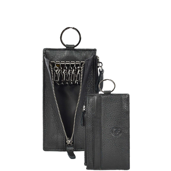 house of leather Real Leather Key Case Wallet Large Size Car key Holder Organiser Pouch Trois Black