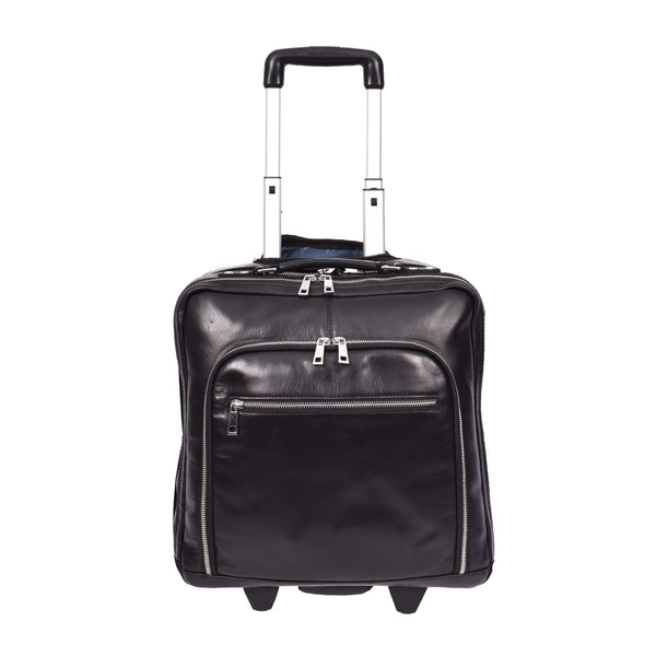 House Of Leather Real Leather Pilot Case Wheels Telescopic Handle For Business Travel Bag Sussex Black