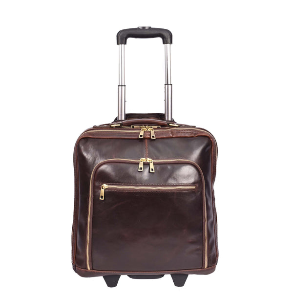 House Of Leather Real Leather Pilot Case Wheels Telescopic Handle For Business Travel Bag Sussex Brown