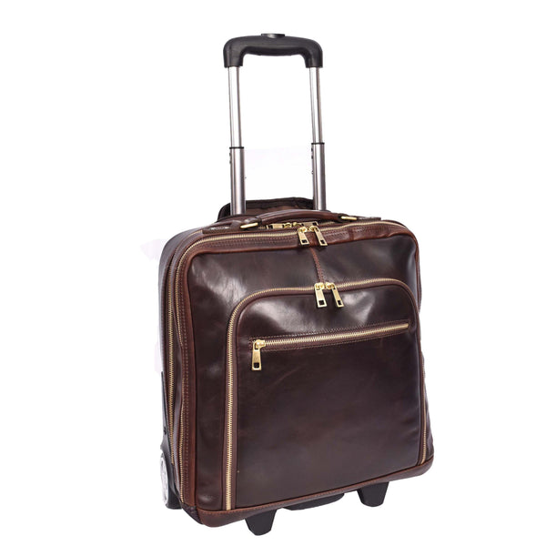 house of leather Real Leather Pilot Case Wheels Telescopic Handle for Business Travel Bag Sussex Brown