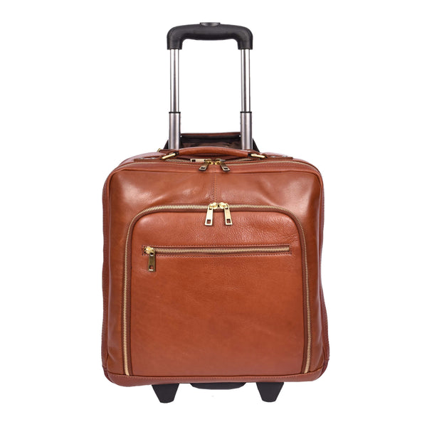 House Of Leather Real Leather Pilot Case Wheels Telescopic Handle For Business Travel Bag Sussex Tan