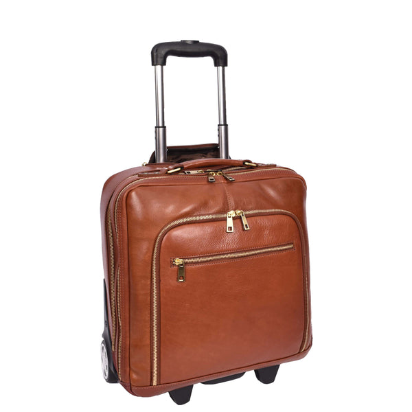 house of leather Real Leather Pilot Case Wheels Telescopic Handle for Business Travel Bag Sussex Tan