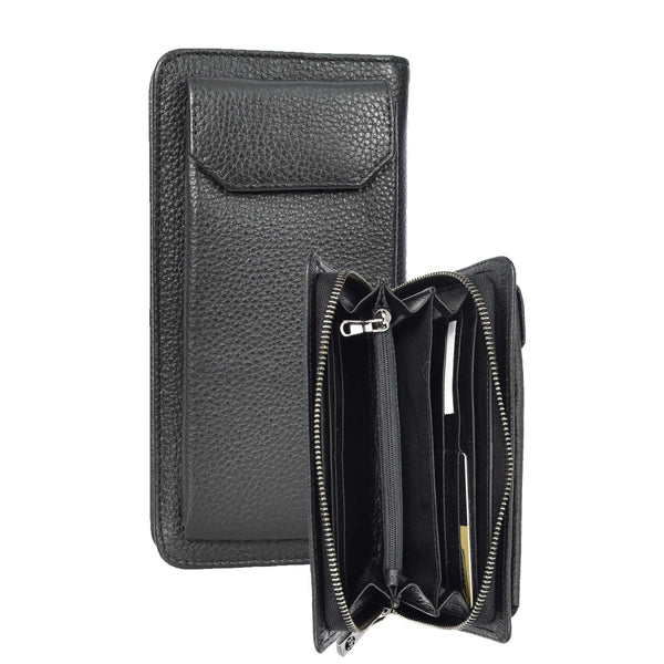house of leather Real Leather Purse Large Mobile ID Cards Glasses Clutch Travel Wallet Arlon Black