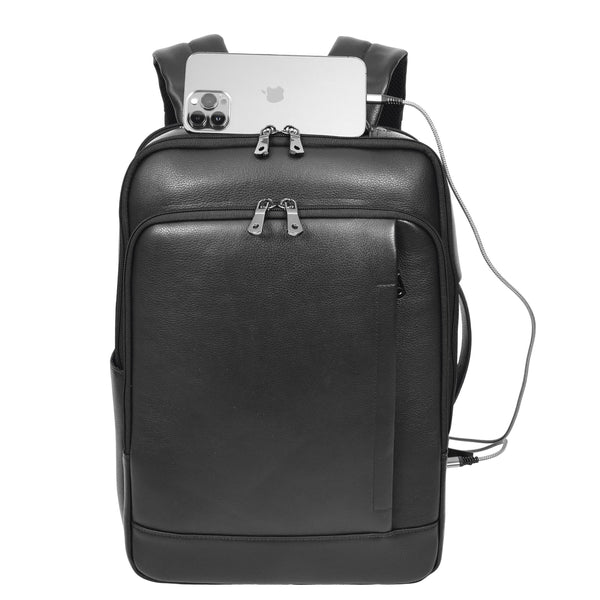 house of leather Real Leather Smart USB Backpack Casual Large Size Laptop Rucksack Ryder Black