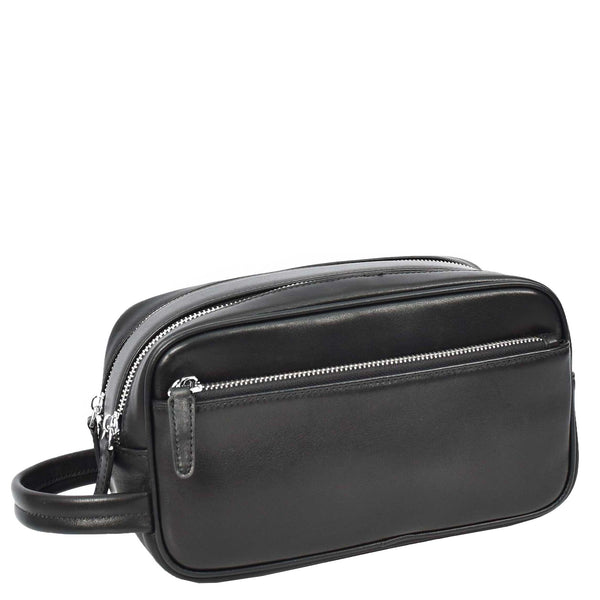 house of leather Real Leather Toiletries Bag Medium Size Travel Dopp Kit Organiser Style Oslo Black