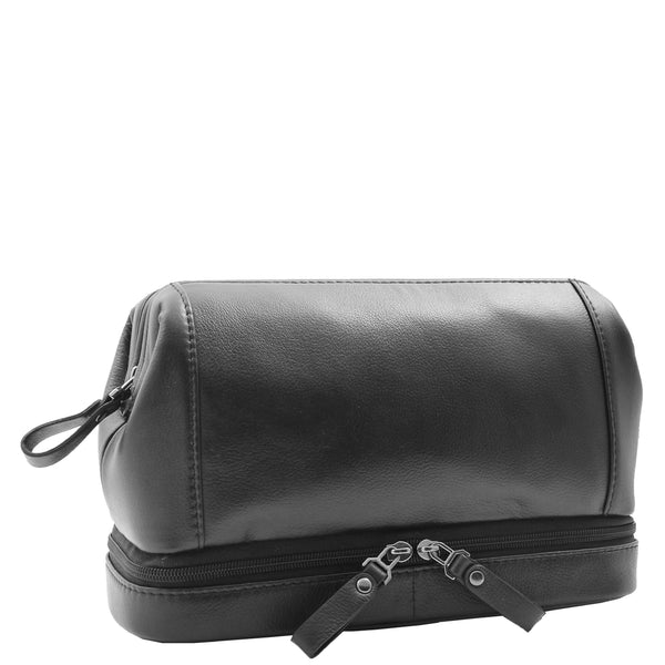 House Of Leather Real Leather Toiletry Wash Bag Travel Pouch HOL290 Black