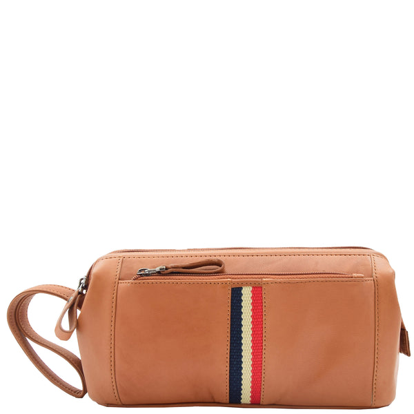 House Of Leather Real Leather Toiletry Wash Bag Wrist Pouch HOL951 Cognac