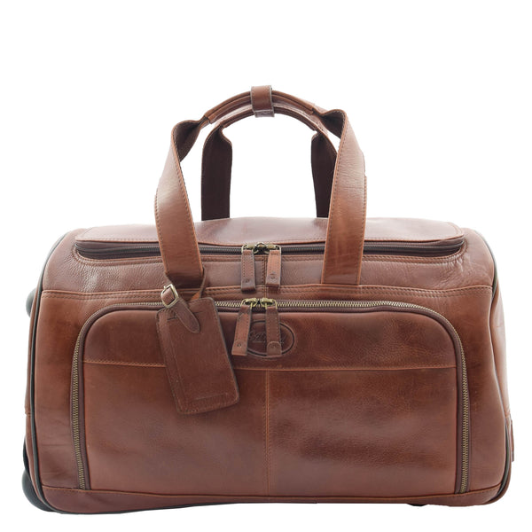 House Of Leather Real Leather Wheeled Holdall Duffle Bag Combrew Brown