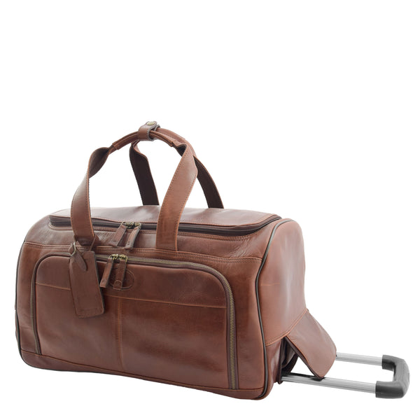 House Of Leather Real Leather Wheeled Holdall Duffle Bag Combrew Brown