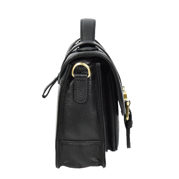 House Of Leather Vintage Style Womens Satchel Handbag Real Leather Crossbody Purse With Buckles Roxy Black