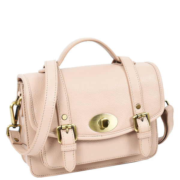 House Of Leather Vintage Style Womens Satchel Handbag Real Leather Crossbody Purse With Buckles Roxy Beige