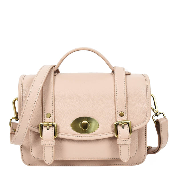 house of leather Vintage Style Womens Satchel Handbag Real Leather Crossbody Purse with Buckles Roxy Beige