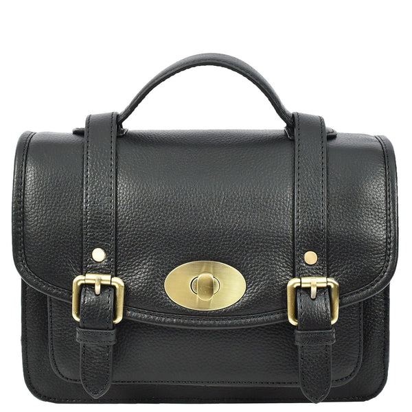 House Of Leather Vintage Style Womens Satchel Handbag Real Leather Crossbody Purse With Buckles Roxy Black