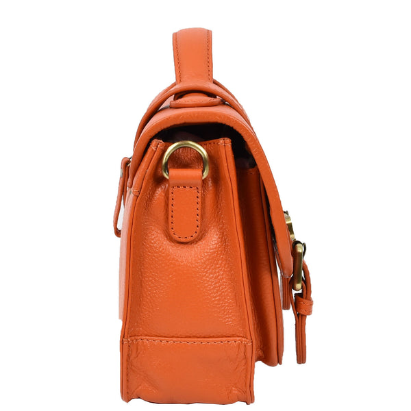 House Of Leather Vintage Style Womens Satchel Handbag Real Leather Crossbody Purse With Buckles Roxy Orange