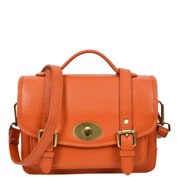 house of leather Vintage Style Womens Satchel Handbag Real Leather Crossbody Purse with Buckles Roxy Orange