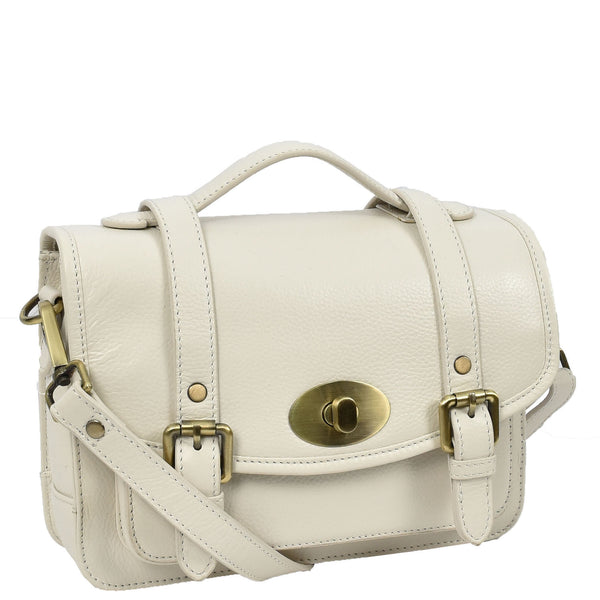 House Of Leather Vintage Style Womens Satchel Handbag Real Leather Crossbody Purse With Buckles Roxy White