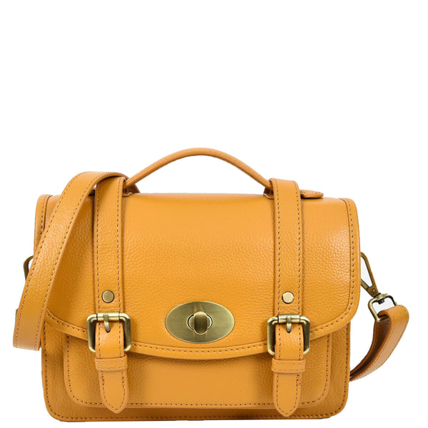 house of leather Vintage Style Womens Satchel Handbag Real Leather Crossbody Purse with Buckles Roxy Mustard