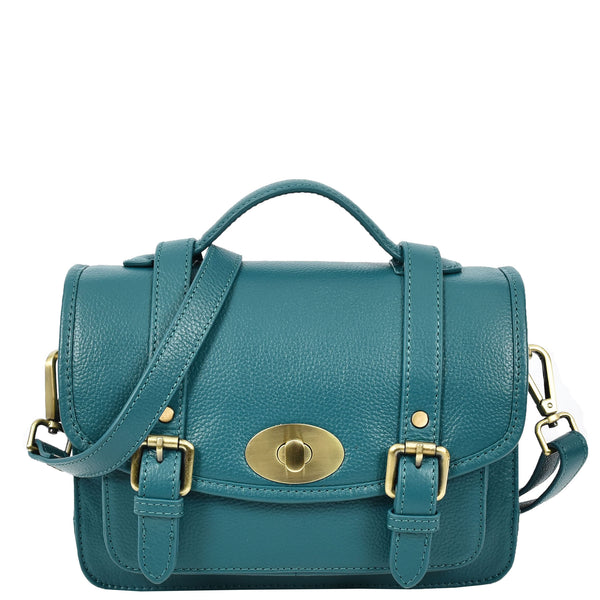 house of leather Vintage Style Womens Satchel Handbag Real Leather Crossbody Purse with Buckles Roxy Green