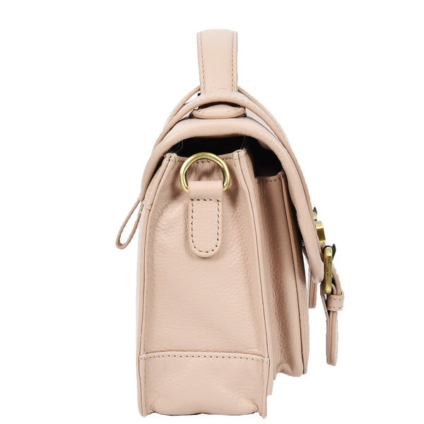 House Of Leather Vintage Style Womens Satchel Handbag Real Leather Crossbody Purse With Buckles Roxy Beige