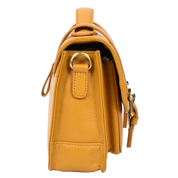 House Of Leather Vintage Style Womens Satchel Handbag Real Leather Crossbody Purse With Buckles Roxy Mustard