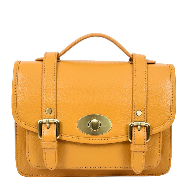 House Of Leather Vintage Style Womens Satchel Handbag Real Leather Crossbody Purse With Buckles Roxy Mustard