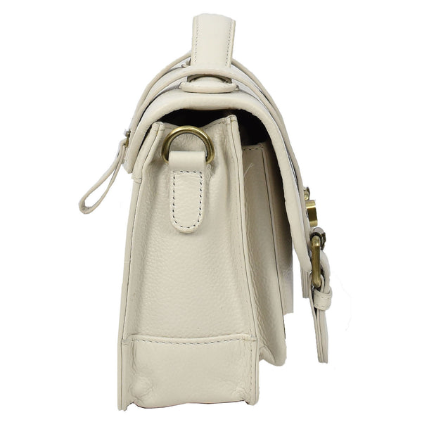 House Of Leather Vintage Style Womens Satchel Handbag Real Leather Crossbody Purse With Buckles Roxy White