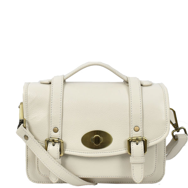 house of leather Vintage Style Womens Satchel Handbag Real Leather Crossbody Purse with Buckles Roxy White