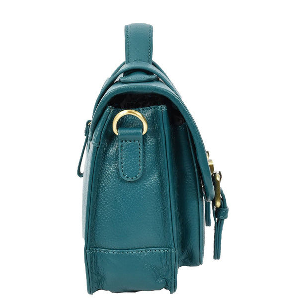 House Of Leather Vintage Style Womens Satchel Handbag Real Leather Crossbody Purse With Buckles Roxy Green