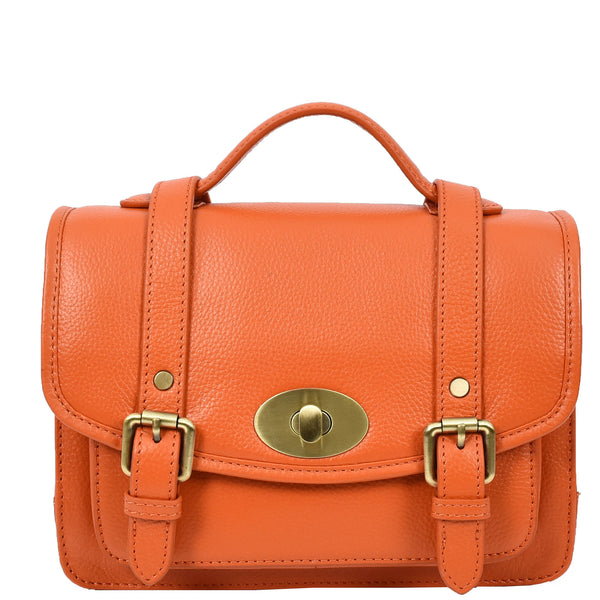House Of Leather Vintage Style Womens Satchel Handbag Real Leather Crossbody Purse With Buckles Roxy Orange