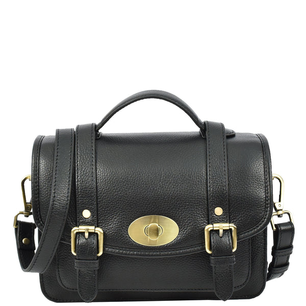 house of leather Vintage Style Womens Satchel Handbag Real Leather Crossbody Purse with Buckles Roxy Black