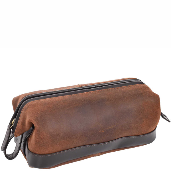 house of leather Vintage Toiletry Wash Bag Leather Travel Shaving Kit Cash Brown