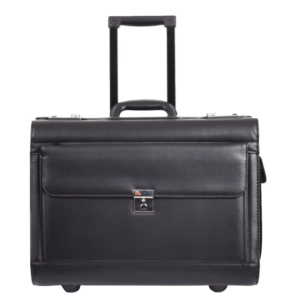 house of leather Wheeled Faux Leather Pilot Case Flight Carry on Cabin Bag HOL691 Black
