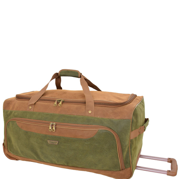 House Of Leather Wheeled Holdall Faux Suede Lightweight Luggage Travel Bag Argan Green