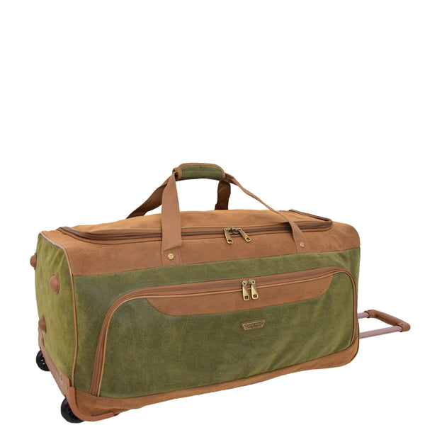 House Of Leather Wheeled Holdall Faux Suede Lightweight Luggage Travel Bag Argan Green