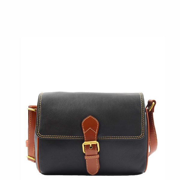 House Of Leather Women Genuine Leather Crossbody Bag Satchel Saddle Hanna Black/Tan