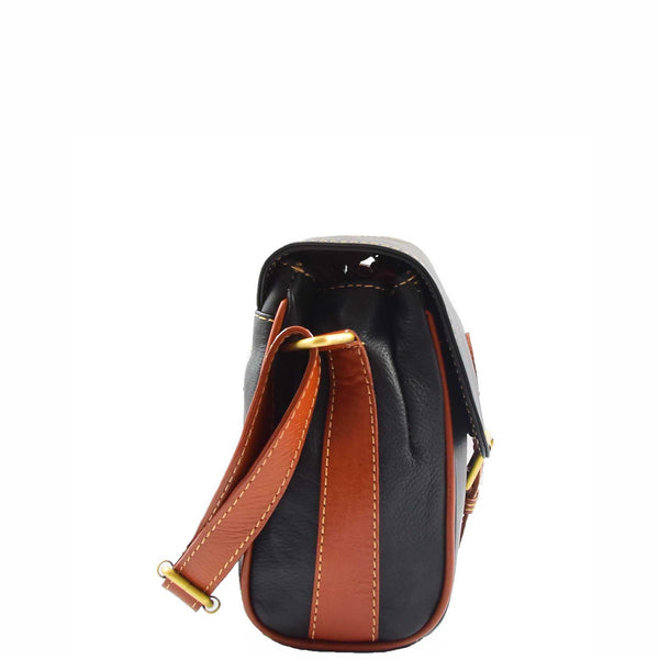 House Of Leather Women Genuine Leather Crossbody Bag Satchel Saddle Hanna Black/Tan