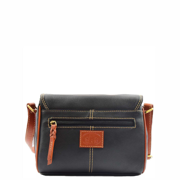 House Of Leather Women Genuine Leather Crossbody Bag Satchel Saddle Hanna Black/Tan