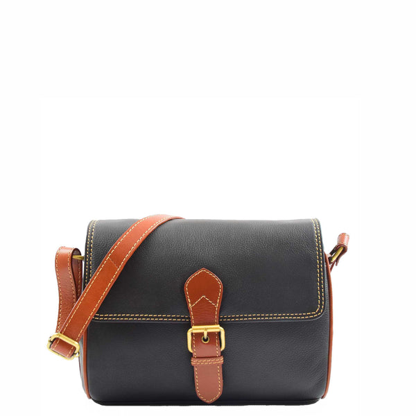 house of leather Women Genuine Leather Crossbody Bag Satchel Saddle Hanna Black/Tan