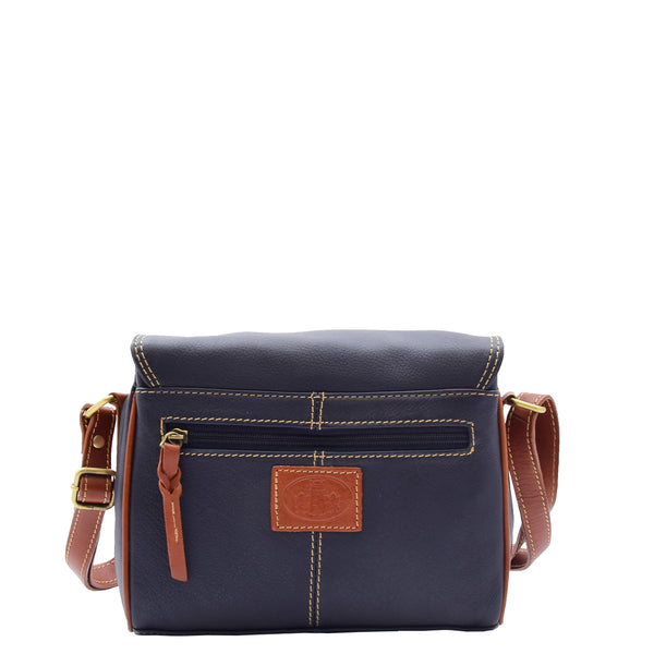 House Of Leather Women Genuine Leather Crossbody Bag Satchel Saddle Hanna Navy/Tan